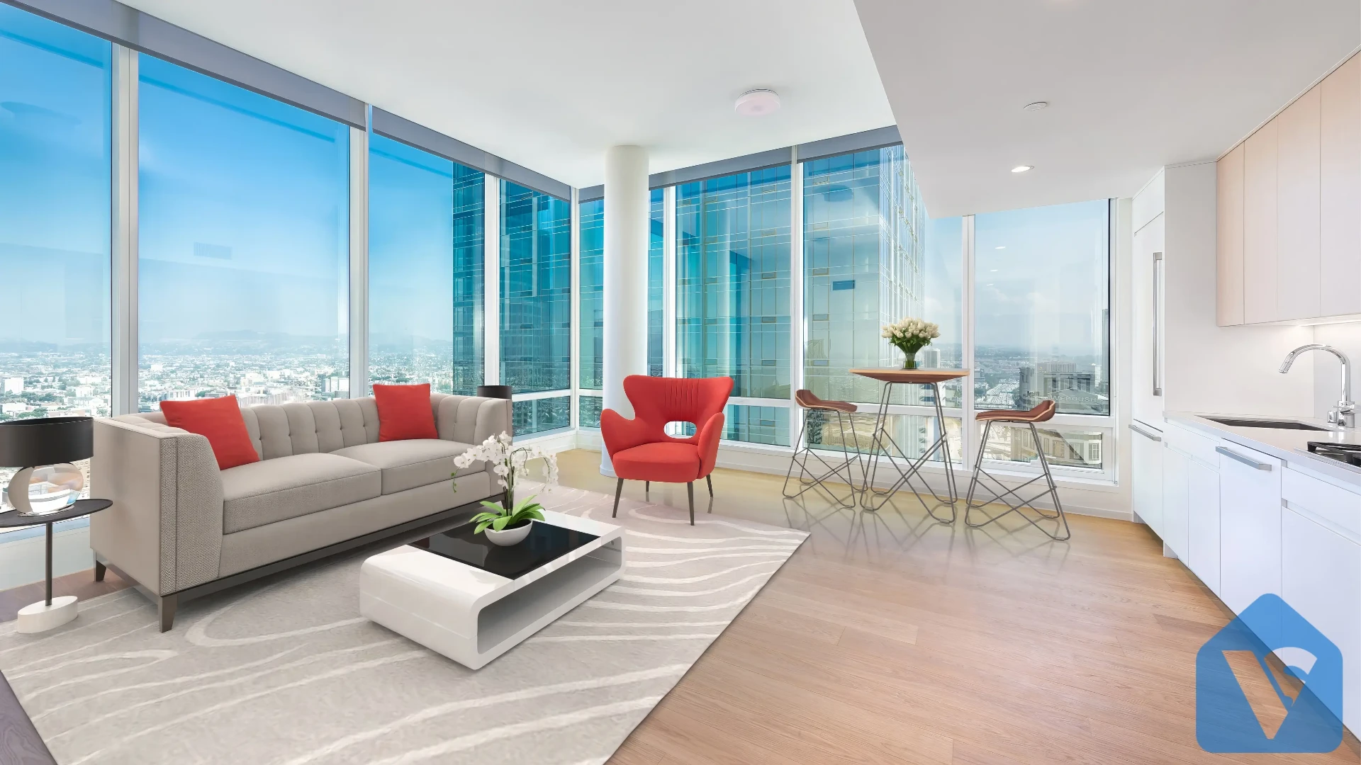 Empty room virtually staged in Modern furniture style, example 10