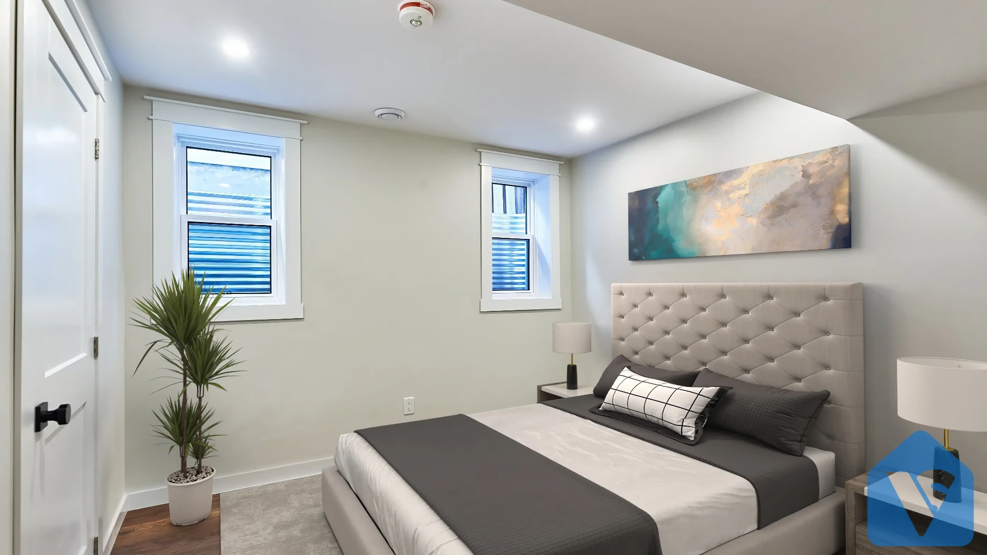 Empty room virtually staged in Modern furniture style, example 1
