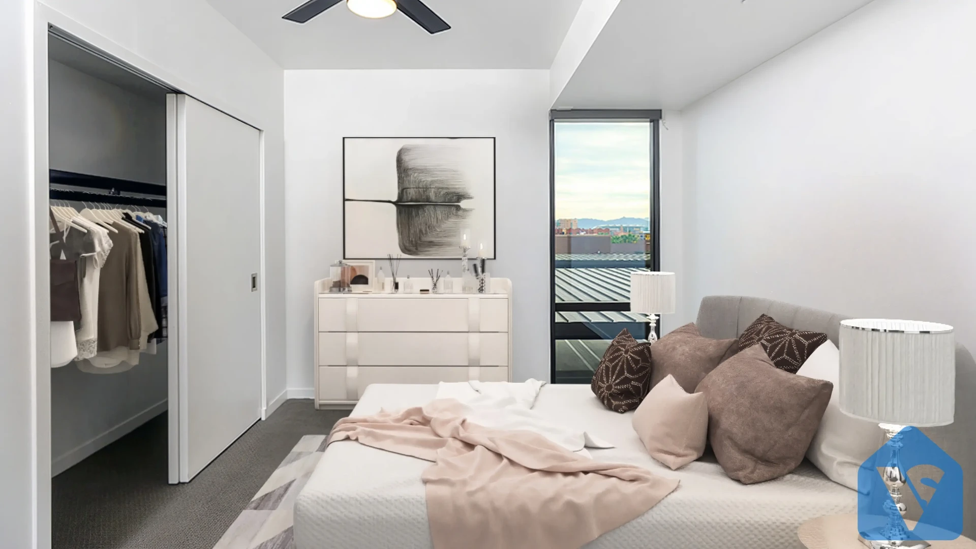Empty room virtually staged in Modern furniture style, example 7