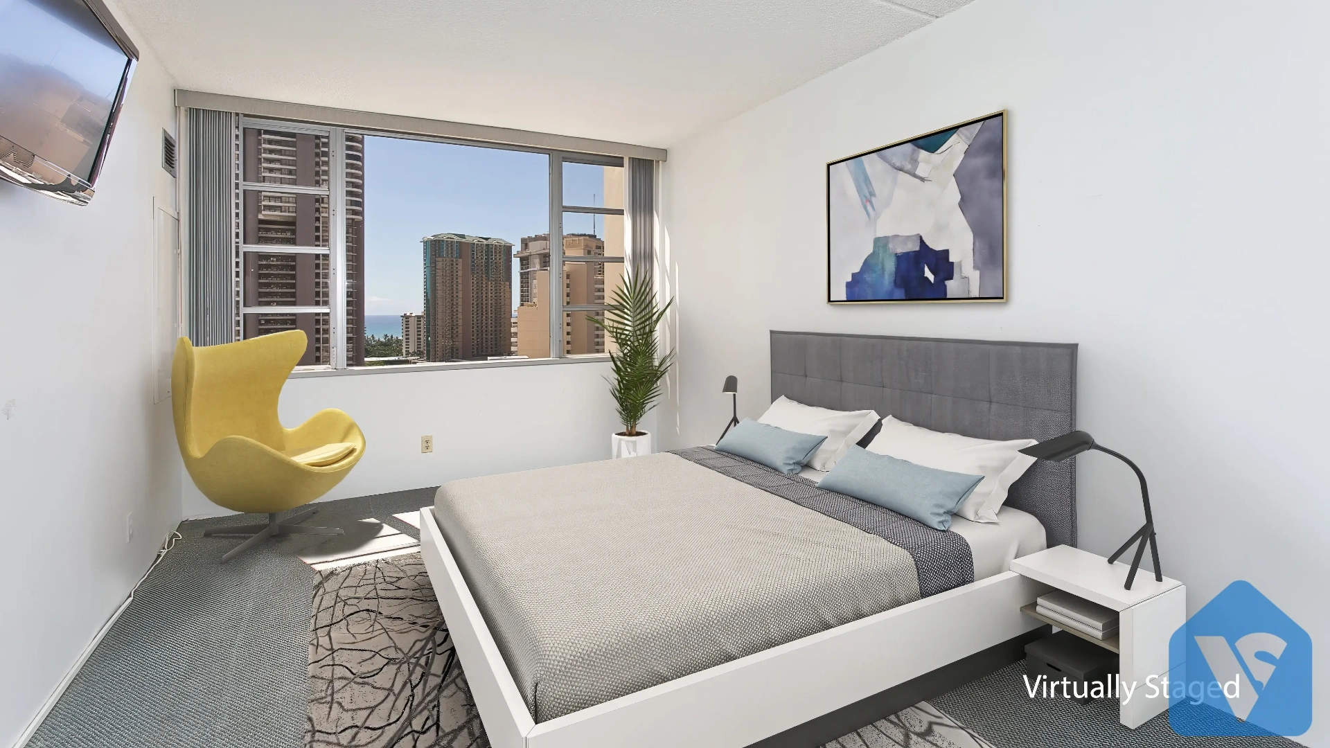 Empty room virtually staged in Modern furniture style, example 8