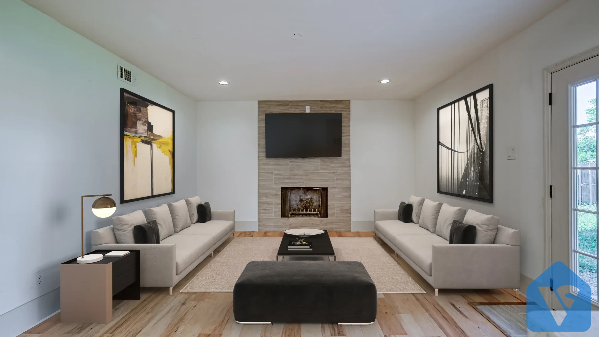 Empty room virtually staged in Modern furniture style, example 14