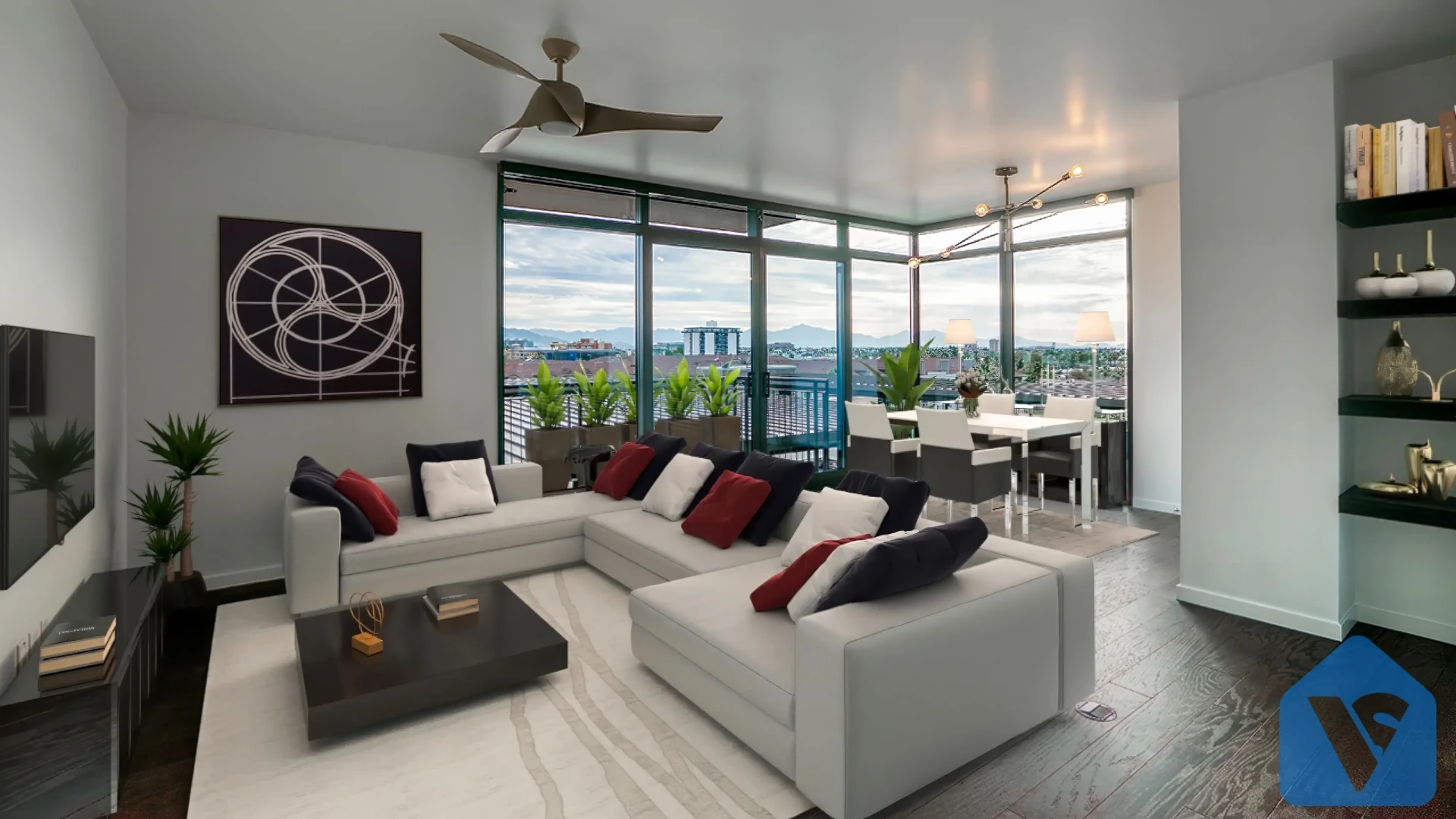 Empty room virtually staged in Modern furniture style, example 6