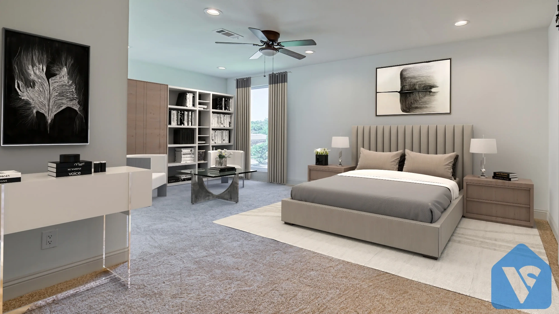 Empty room virtually staged in Modern furniture style, example 15