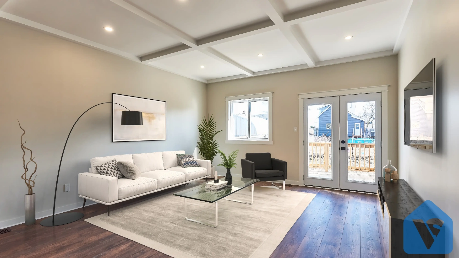 Empty room virtually staged in Modern furniture style, example 3